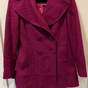 Guess Pea Coat in Red and Purple with Classic Double-Breasted Design